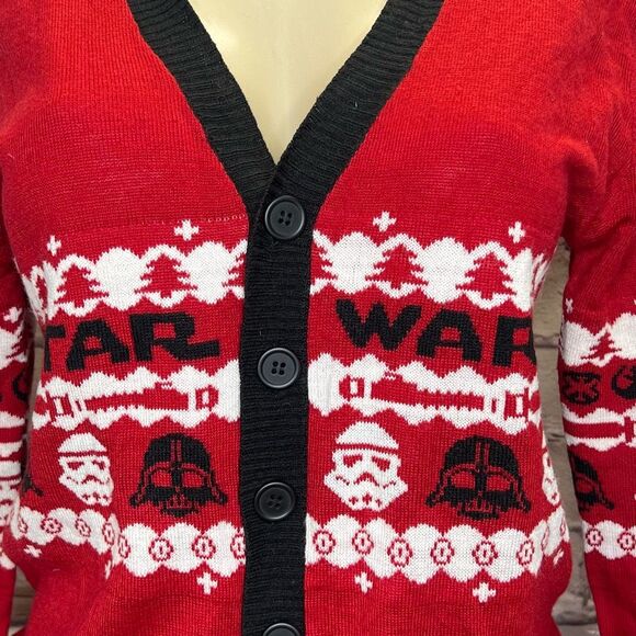 Star Wars Womens Red Ugly Christmas Button Front Cardigan Sweater Size Medium - Picture 2 of 6